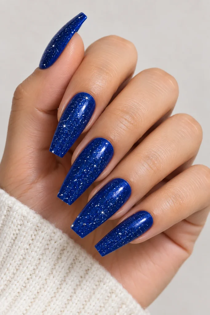 Royal blue nails decorated with delicate silver glitter