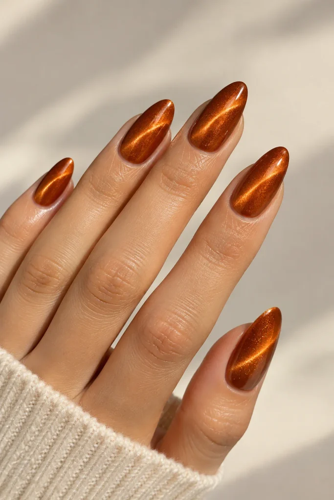 Rust orange magnetic cat-eye nails with glowing copper reflections