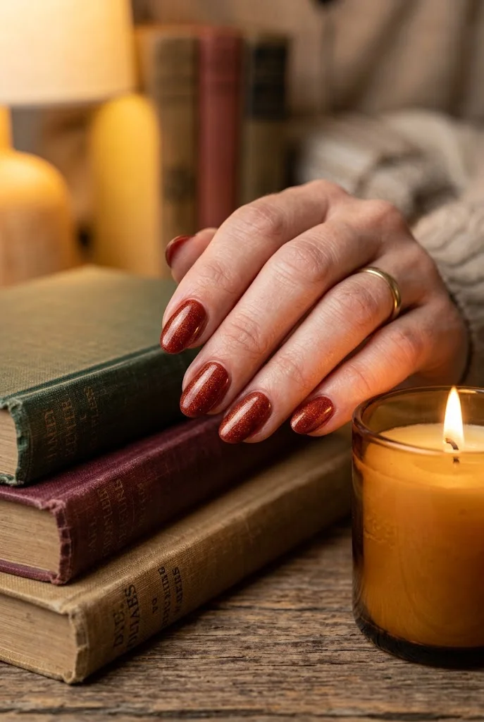 Rust red almond nails with soft shimmer beside stacked vintage books and a lit candle.