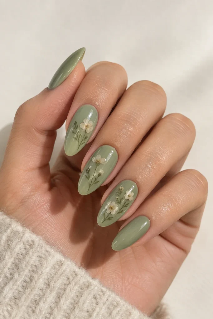 Sage green almond nails with delicate pressed flower art