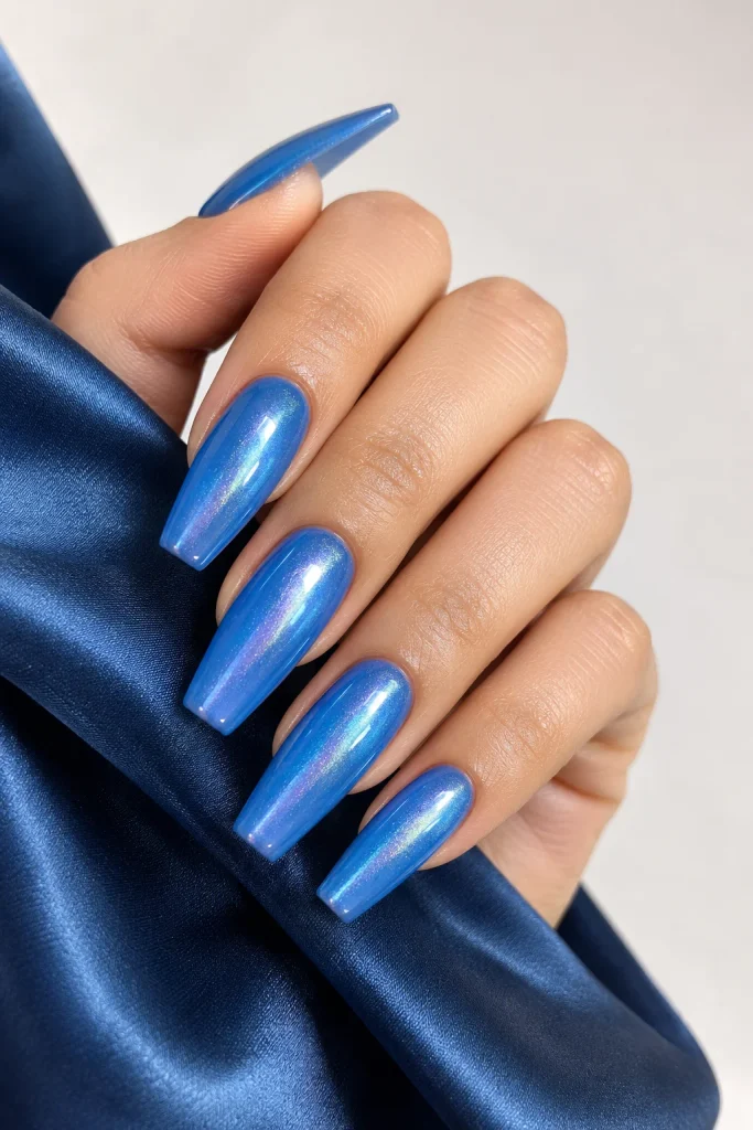 Sapphire blue glazed donut nails with shifting shimmer