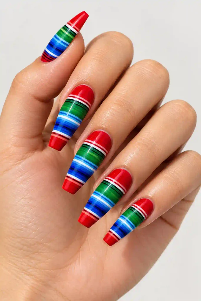Serape stripe Mexican nails with red green blue colors