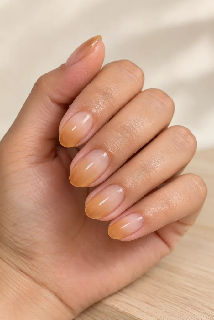 Sheer honey brown ombre nails with glossy finish