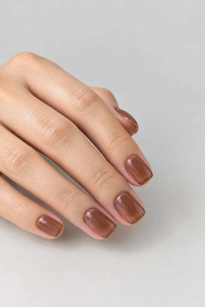 Sheer jelly brown square nails with glossy finish