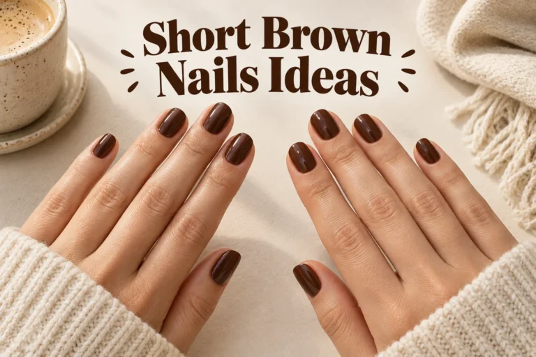 Short brown nails in elegant glossy and matte designs