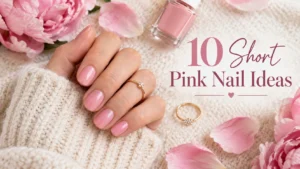 Glossy pink short nails on a cream sweater with peony petals and nail polish.
