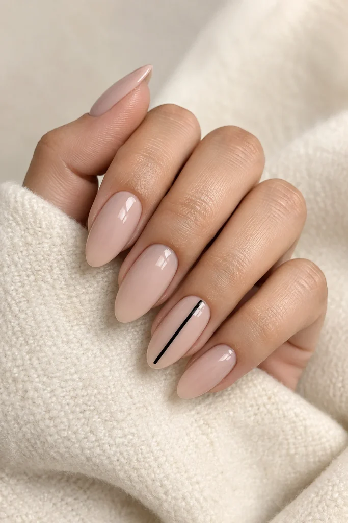 Neutral manicure with one black line accent nail
