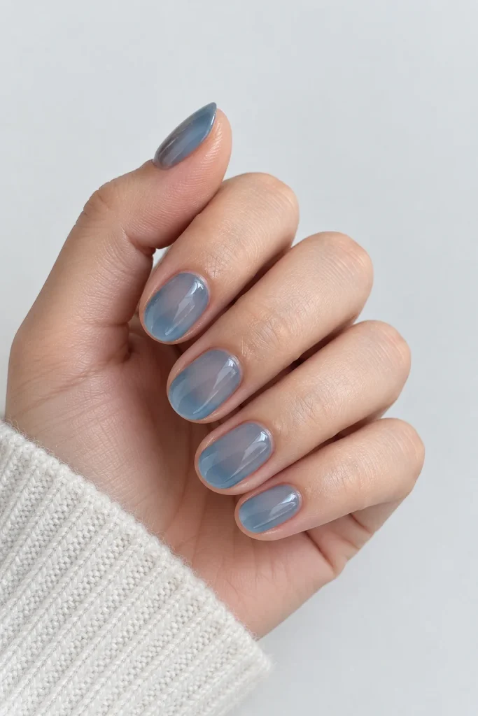 Slate blue jelly nails with translucent glossy finish
