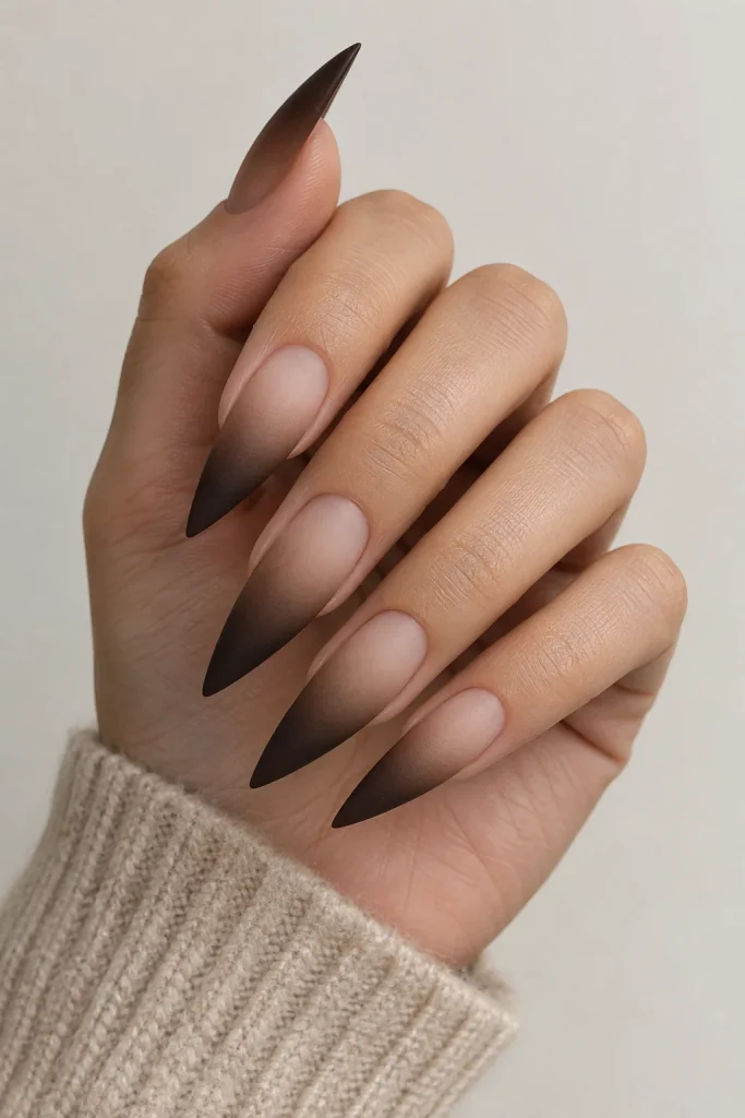 Smoky gray brown fading into charcoal ombre nails
