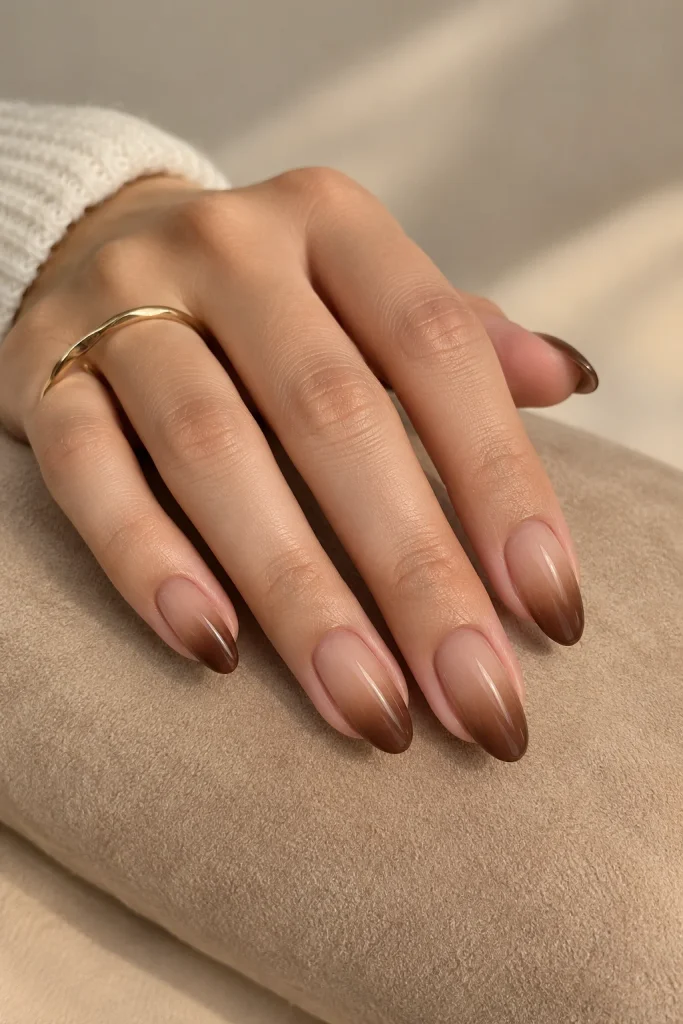 Soft brown ombre nails fading from caramel