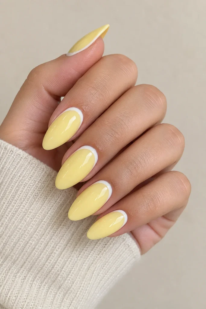 Soft butter yellow glossy almond-shaped nails