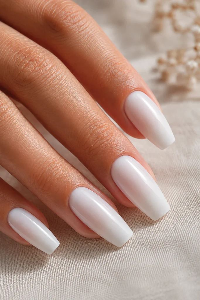 Soft milky white coffin nails for brides