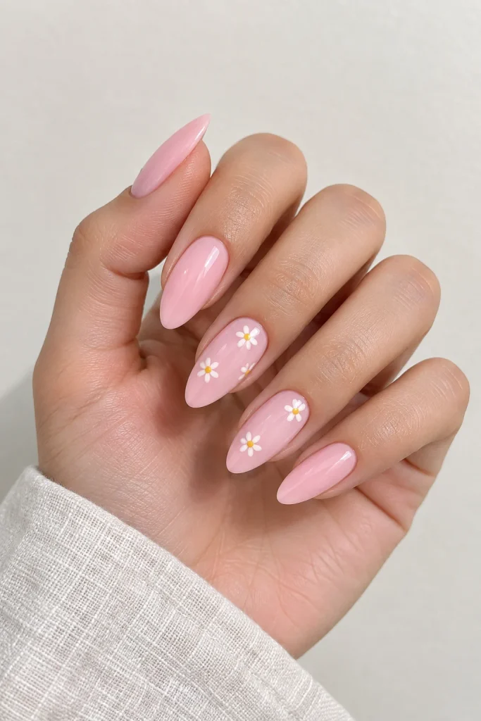 Soft pink almond nails with tiny white daisies