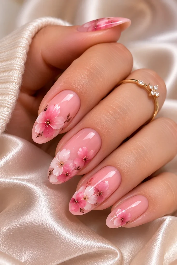 Soft pink nails with watercolor floral blossoms