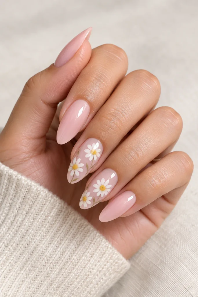 Soft pink nails with yellow daisy flower accents