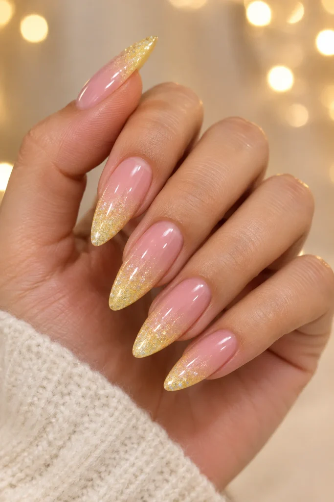Soft pink nails with yellow glitter ombre tips