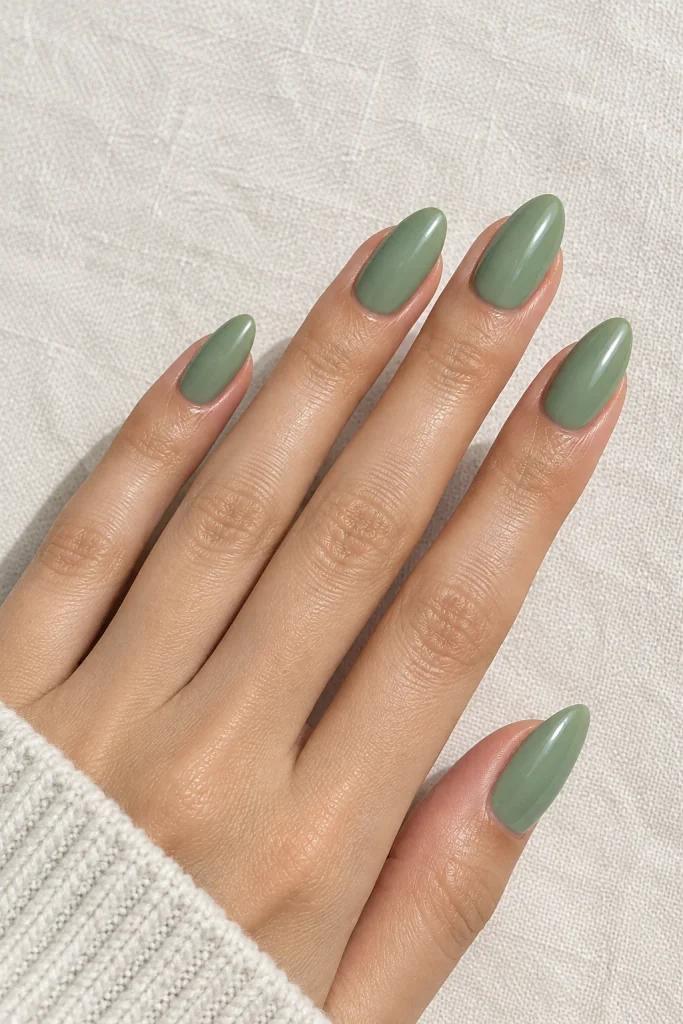 soft sage green preppy nails with glossy finish
