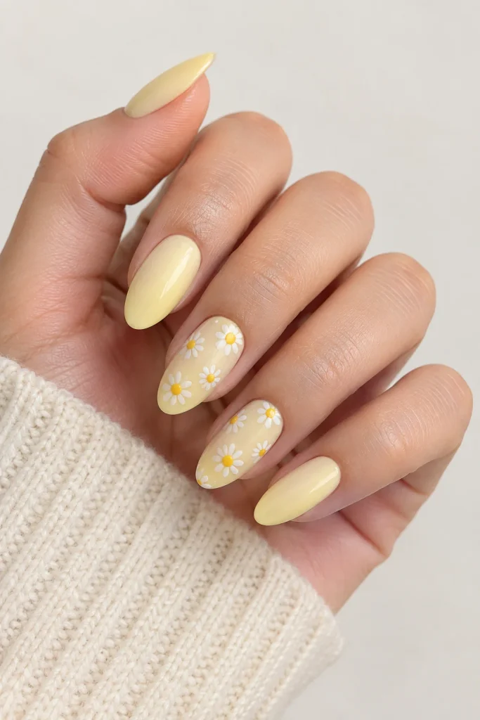 Soft yellow nails with delicate white daisies