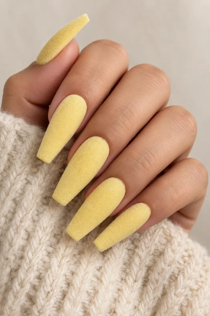 Soft yellow velvet coffin nails with a textured finish