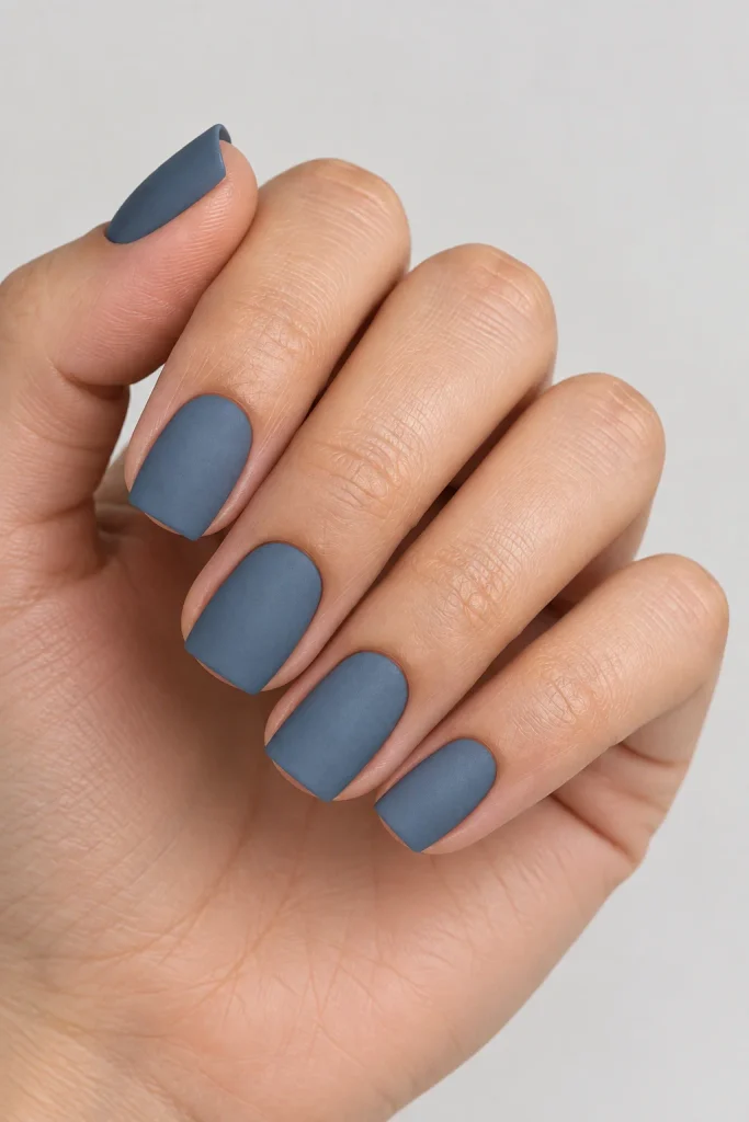 Steel blue matte nails with a soft finish