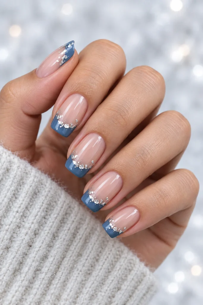 Steel blue French tips with fine silver foil
