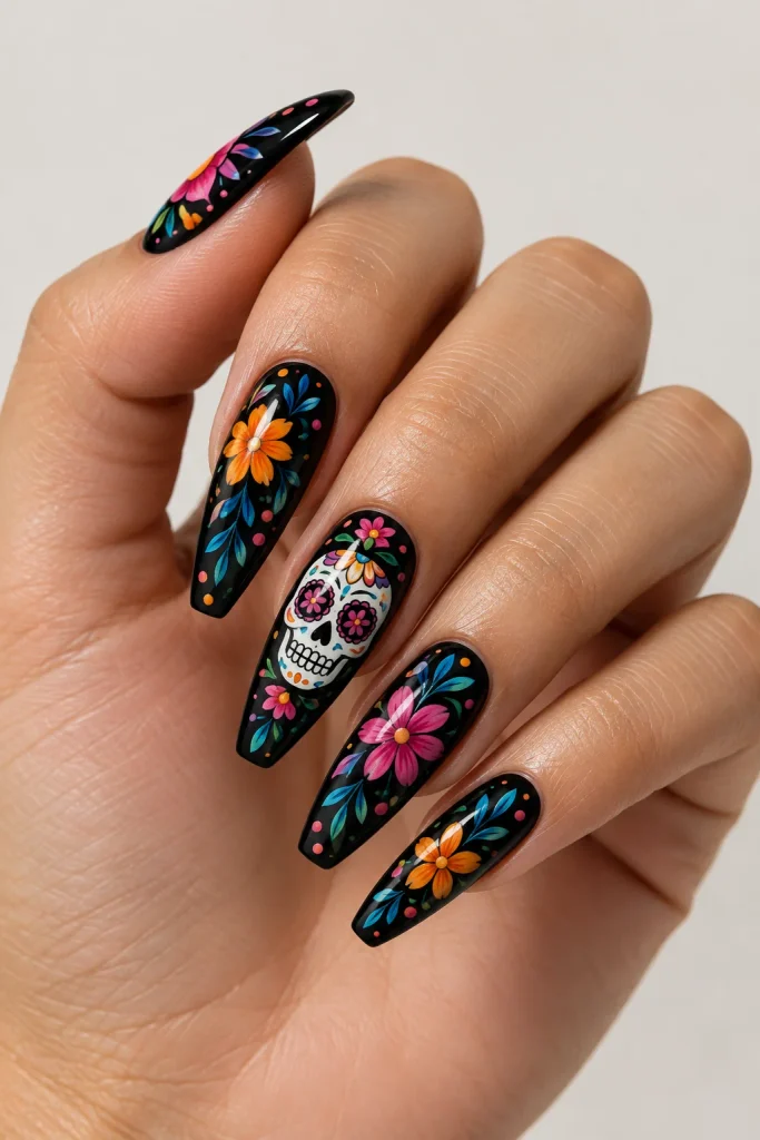 Sugar skull Mexican nail art with colorful flowers and dots
