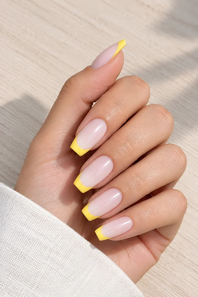Sunflower yellow French manicure with sheer light base
