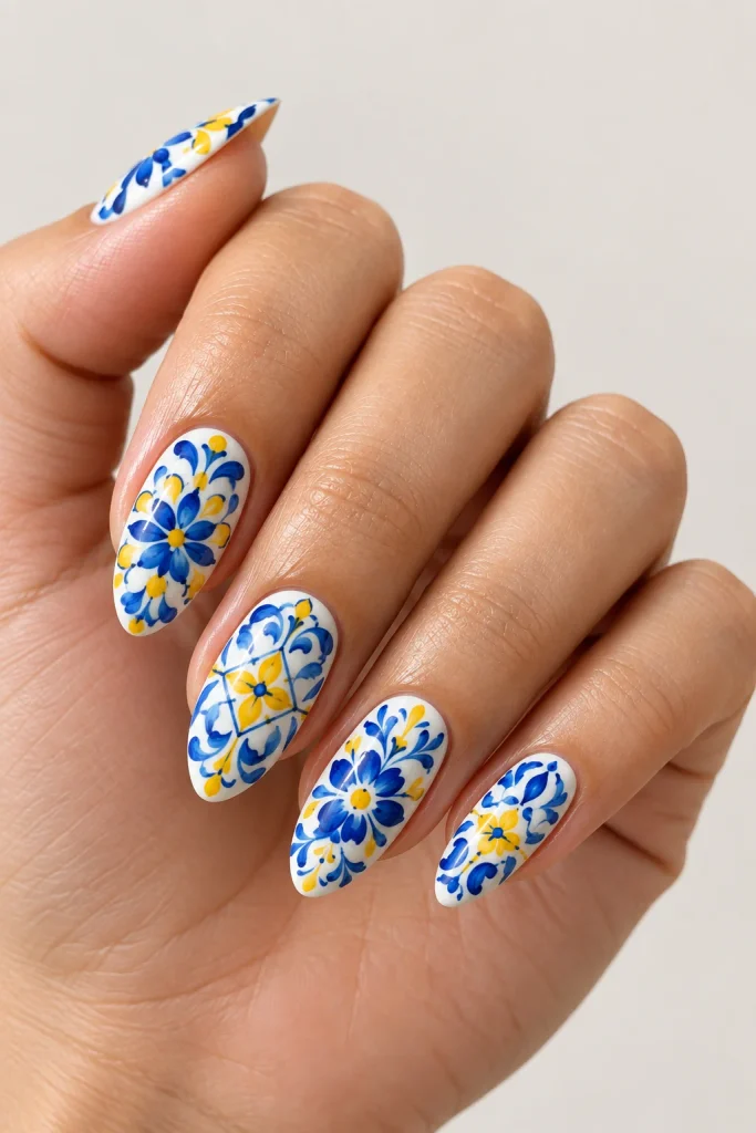 Talavera tile Mexican nail ideas with blue yellow floral patterns