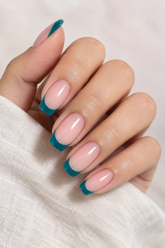 Teal French tip nails with natural nude base