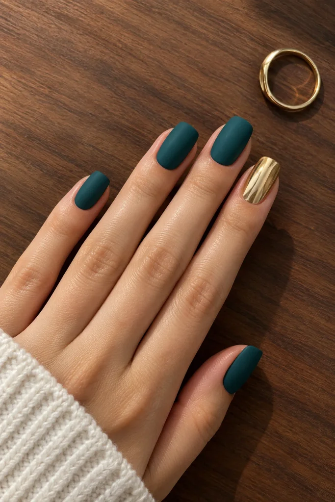 Matte teal nails with elegant gold chrome accent