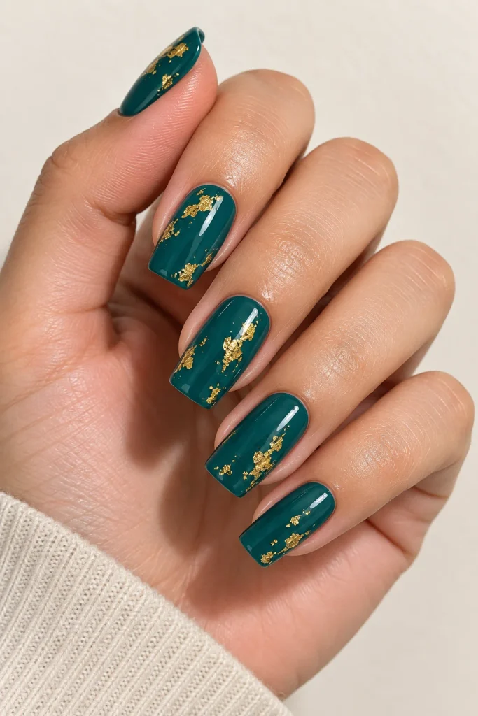 Teal nails decorated with delicate gold foil flecks