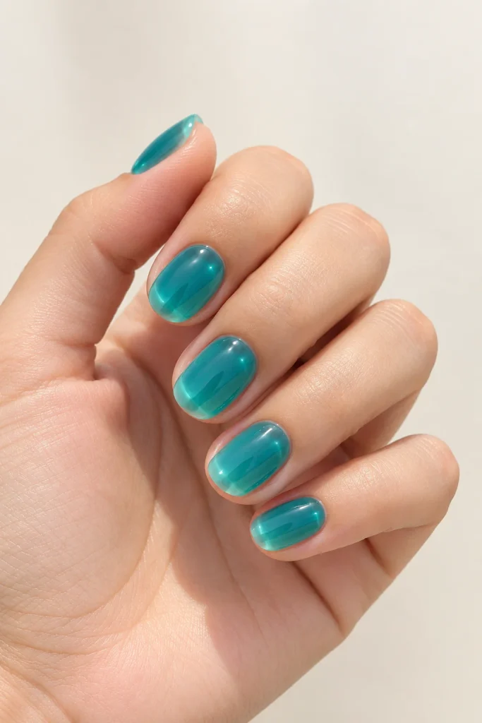 Fresh teal jelly nails with translucent glossy finish