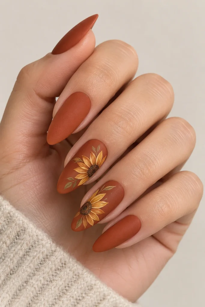Terracotta almond nails featuring a golden sunflower accent