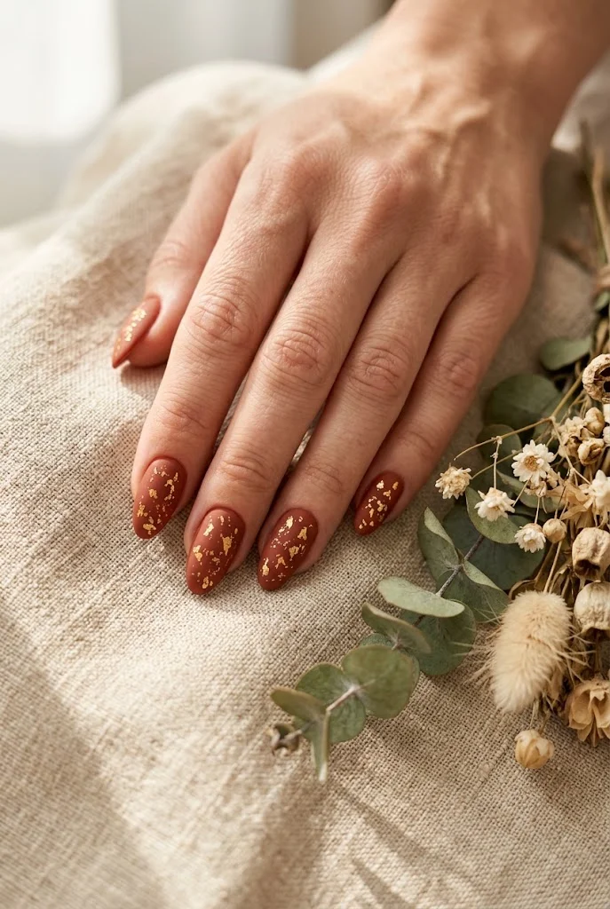 Almond terracotta nails with gold foil flecks resting on linen beside dried flowers.