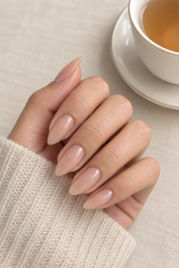 Toasted almond milky acrylic nails with a soft beige finish