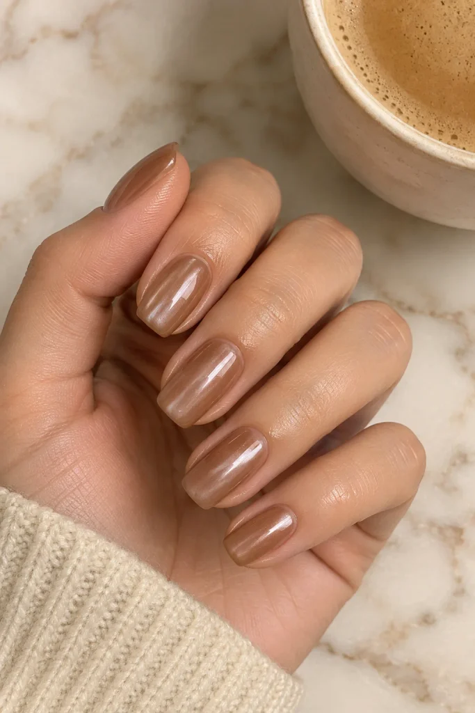 Toffee brown nails with glossy glazed donut finish