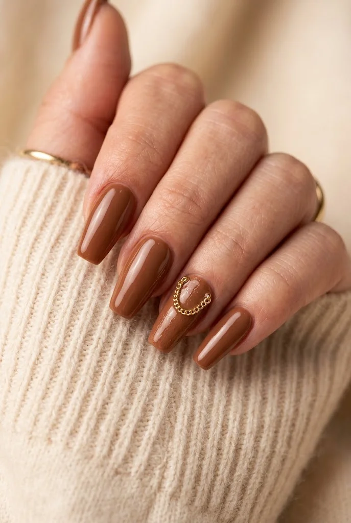Long glossy toffee brown coffin nails with one gold chain detail on cream knit sweater.