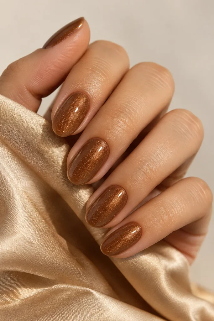 Short toffee brown nails with delicate subtle shimmer