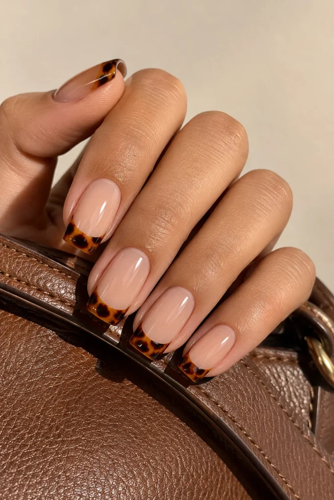 Tortoiseshell nail tips featuring amber brown and black patterns