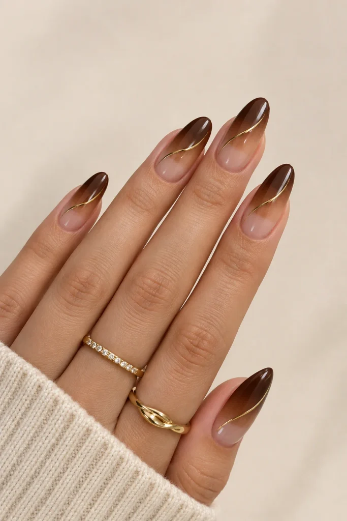Two-tone brown ombre nails with gold accent