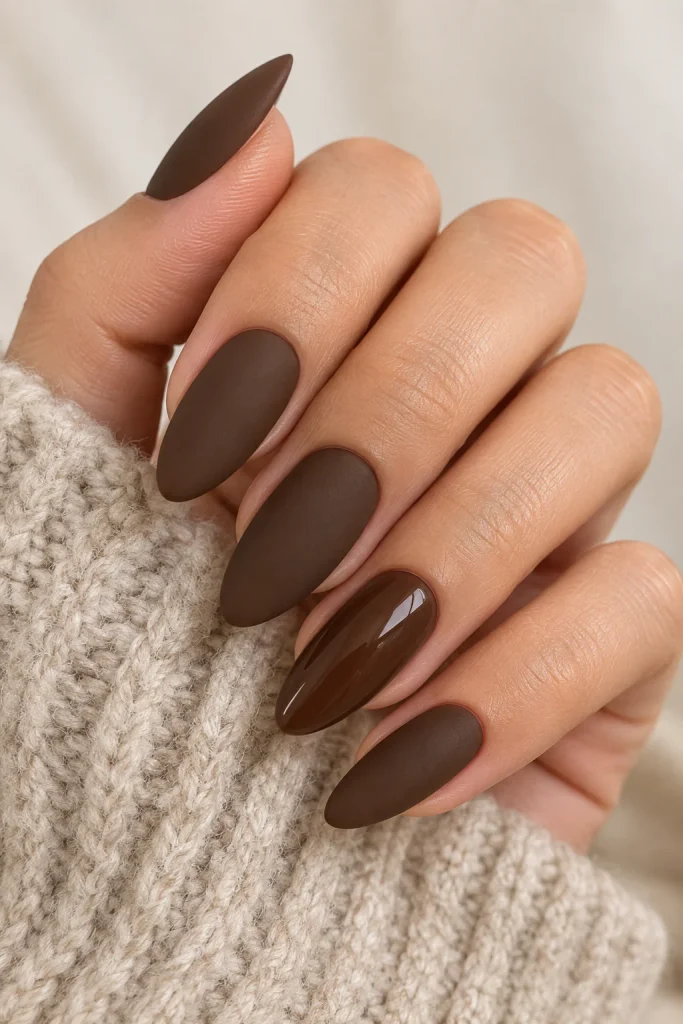 Velvet matte brown nails with glossy accent
