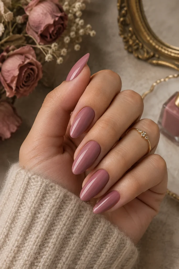Short almond nails in glossy dusty rose polish with a vintage floral backdrop