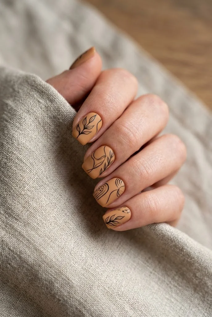 Short square matte camel nails with fine black leaf line art on gray linen.