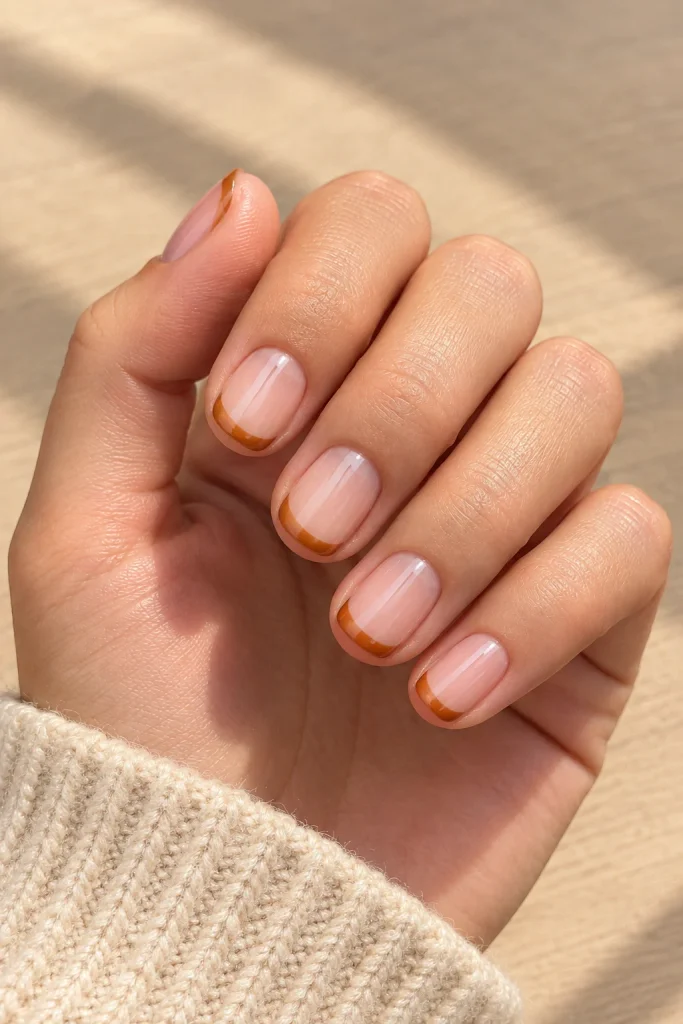 Warm caramel French tips on short squoval nails