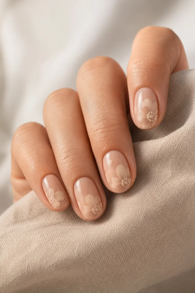 Warm nude nails with tonal cream floral blooms