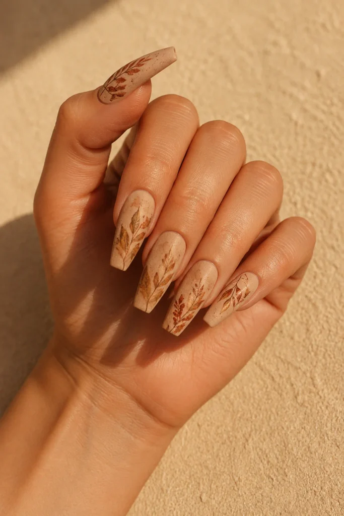 Warm sand nails with dried botanical floral details