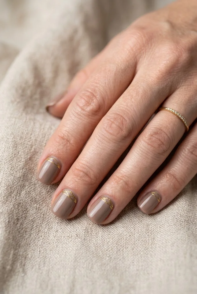 Short round warm taupe nails with delicate gold line details near cuticles on linen.
