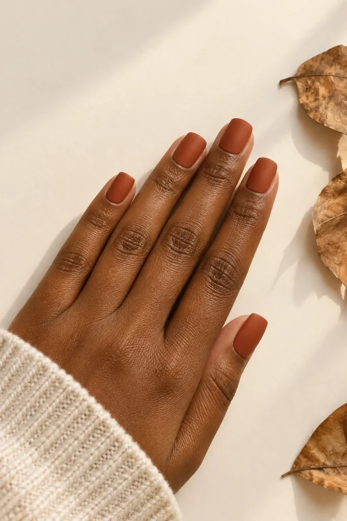 Warm terracotta nail color on black hands