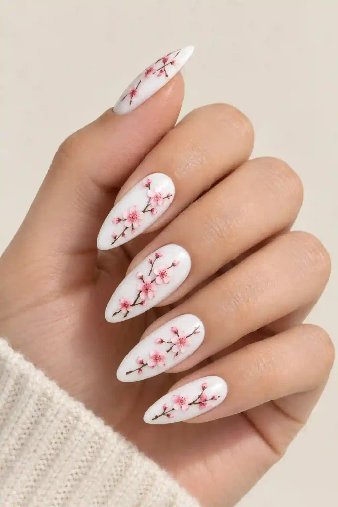 White almond nails with delicate pink cherry blossoms