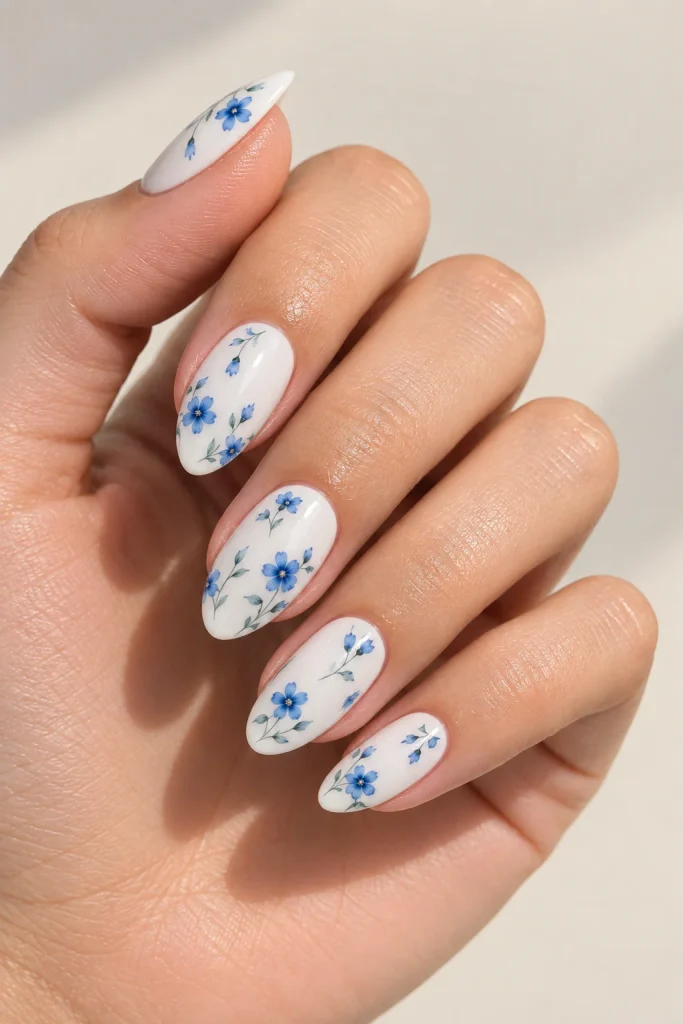 White nails decorated with delicate blue floral details